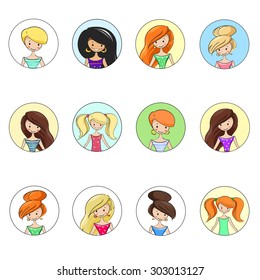 Hand-draw set of different girls face, vector illustration. Suitable for icons and avatars