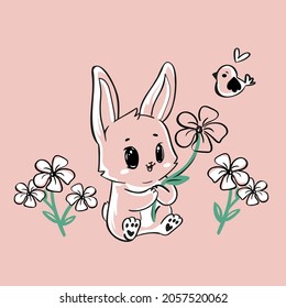 Hand-draw stylized little pink rabbit with flower and bird. Vector image. Multicolor illustration on pink background. Idea for a seamless pattern, children’s art, print on the clothes, fabric.