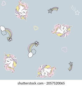 Hand-draw stylized unicorn seamless pattern with rainball, stars and heart. Vector image. Multicolor illustration on light blue background. Idea for a seamless pattern, children’s art, print
