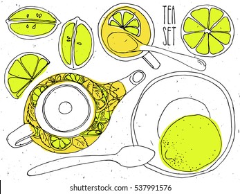 Hand-draw teapot and cup set - green tea with lemons