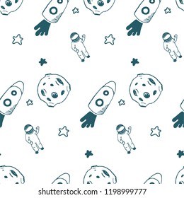 handdraw vector cosmic pattern with moon, stars, cosmonaut, rocket