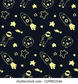 handdraw vector cosmic pattern with moon, stars, cosmonaut & rocket