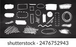 Hand-draw vector doodle frame set on chalkboard background. Scribble elements. Circle, box, oval, square, wave, line, rectangle. Brush pen, line stroke	