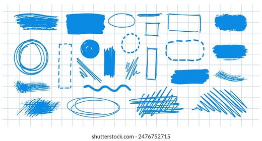 Hand-draw vector doodle frame set. Scribble elements. Circle, box, oval, square, wave, line, rectangle. Brush pen, line stroke	