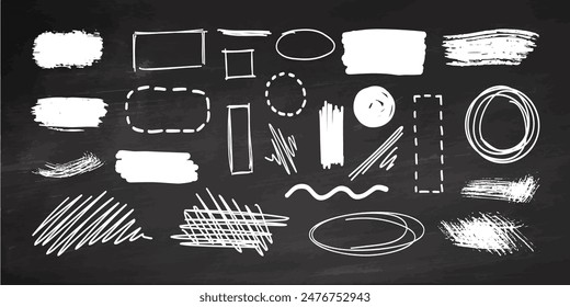 Hand-draw vector doodle frame set on chalkboard background. Scribble elements. Circle, box, oval, square, wave, line, rectangle. Brush pen, line stroke	