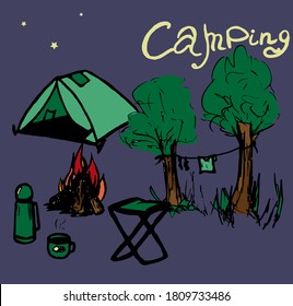 Hand-draw vector illustration of camping night in doodle style.
