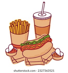 Hand-draw vector illustration featuring colorful composition with mouthwatering hotdog, soda drink, condiments, and crispy french fries. Great for menu design and restaurant decor