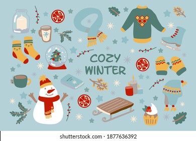 Hand-draw vector illustrations. Cozy cut winter set:  sweater, hat, cup, skates, sleds, candles, mittens, socks, scarf, book, snow globe, orange. Cartoon doodle style.