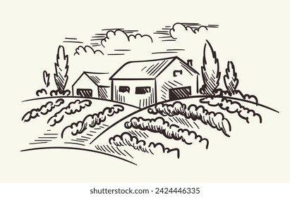 Handdraw winery concept. Sketch of barn near agricultural field. Wine production. Minimalistic creativity and art. Poster or banner. Linear flat vector illustration isolated on yellow background