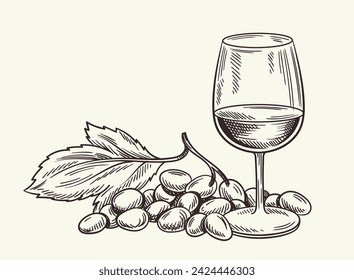 Handdraw winery concept. Sketch of grape near glass of drink. Wine production. Minimalistic creativity and art. Poster or banner. Linear flat vector illustration isolated on yellow background