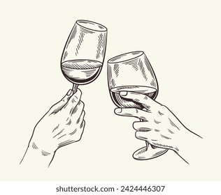 Handdraw winery concept. Sketch of hands with glasses with wine. Minimalistic creativity and art. Graphic element for website. Linear flat vector illustration isolated on yellow background