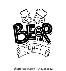 Handdrawin lettering for beer house with bottle of craft beer and wheat. Vintage illustration. Great for pub menu, announcement of the beer festival or brewery poster. Vector beer poster.