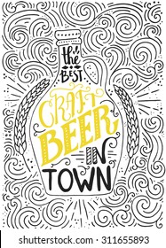 Handdrawin lettering for beer house with bottle of craft beer and wheat. Vintage illustration. Great for pub menu, announcement of the beer festival or brewery poster. Vector beer poster. 