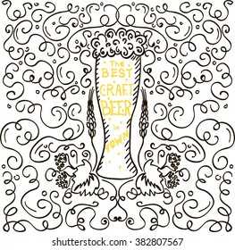 Handdrawin lettering for beer house with bottle of craft beer and wheat. Vintage illustration. Great for pub menu, announcement of the beer festival or brewery poster. Vector beer poster.