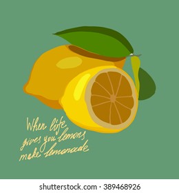 Handdrawin lettering When life gives you lemons make a lemonade. Vintage illustration. T-shirt, bag design, poster, greeting card illustration. Vector typography.