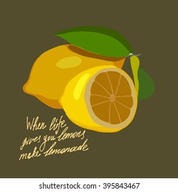 Handdrawin lettering When life gives you lemons make a lemonade. Vintage illustration. T-shirt, bag design, poster, greeting card illustration. Vector typography.