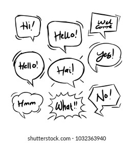 handdrawing balloon speech bubbles set with short messages vector illustration