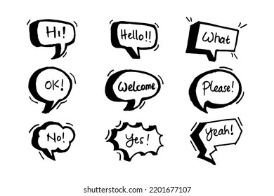 Handdrawing balloon speech bubbles set with short messages vector illustration on white background