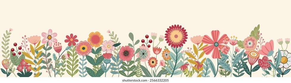 Hand-drawing Beautiful Collection of spring and summer botanical elements. Hand drawn horizontal banner multicolored blooming flowers and leaves border