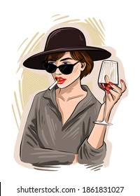 Hand-drawing beautiful young woman portrait. Fashion girl with a glass of wine. Stylish woman in sunglasses. Sketch. Vector illustration