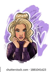 Hand-drawing beautiful young woman portrait. Girl in a warm jacket. Sketch. Vector illustration