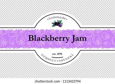 Hand-drawing blackberry jam packing label design. Blackberry logo design element with pattern. Isolated vector illustration