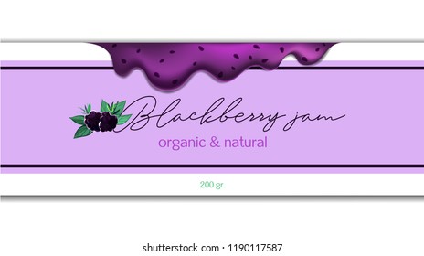 Hand-drawing blackberry jam packing label design. Blackberry logo design element with ripe smudges of jam and berries. Isolated vector illustration