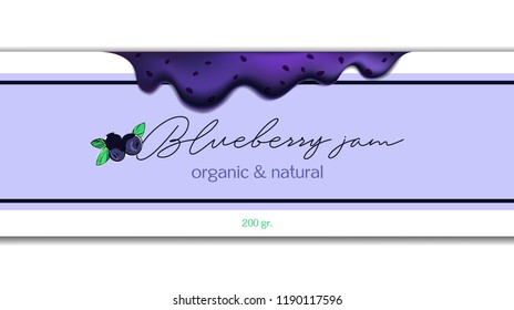 Hand-drawing blueberry jam packing label design. Blueberry logo design element with ripe smudges of jam and berries. Isolated vector illustration