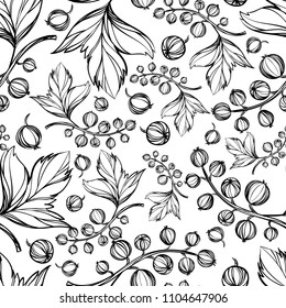 Hand-drawing botanical black and white seamless pattern with currant with leaves. Vector illustration for textile print, wrapping paper