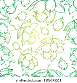 Hand-drawing botanical gradient seamless pattern with gooseberry with leaves. Vector illustration for textile print, wrapping paper