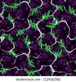 Hand-drawing botanical seamless pattern with blackberries with leaves. Full filling vector illustration. Use for textile print, wrapping paper, packaging design food, jam, juice, ice cream, cosmetics.