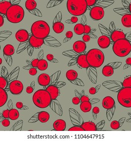 Hand-drawing botanical seamless pattern with bright and contrasting cranberries with leaves. Vector illustration for textile print, wrapping paper