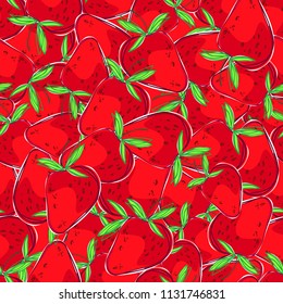 Hand-drawing botanical seamless pattern with strawberries with leaves. Vector illustration. Use for textile print, wrapping paper, packaging design food, jam, juice, ice cream, cosmetics.