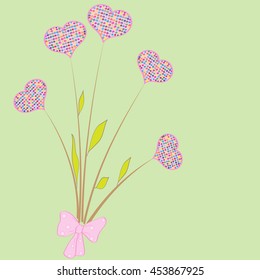 hand-drawing bouquet of colorful hearts on a green background use for greeting card