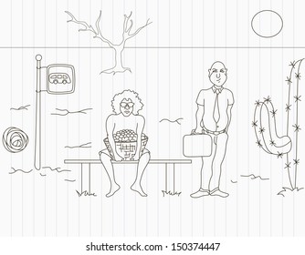 Hand-drawing of bus stop in the desert. The illogical event