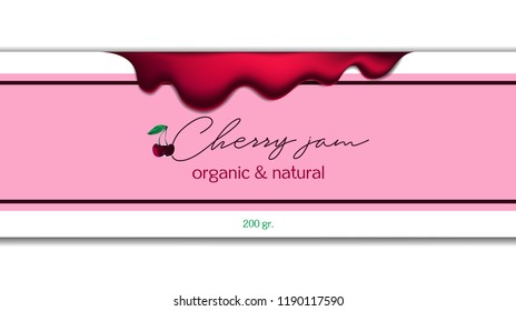 Hand-drawing cherry jam packing label design. Cherry logo design element with ripe smudges of jam and berries. Isolated vector illustration