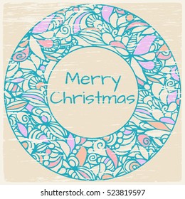 Hand-drawing Christmas wreath with grunge texture. Greeting card template.