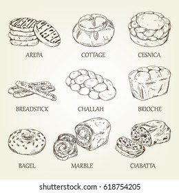 Hand-drawing collection of bakery products. Vector illustration with realistic bread icons. Graphic kinds of pastry designed for advertising bakery, restaurant menu, logo or recipe book design.