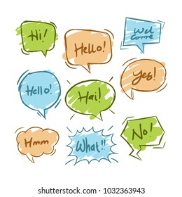 handdrawing colorful balloon speech bubbles set with short messages vector illustration
