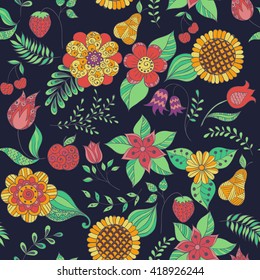 hand-drawing colorful floral doodle seamless pattern with flowers, leaves, branches, fruits and berries. vector, leaves, sunflowers, cherry, strawberry, tulip, pear, stems, Bluebell, campanula.