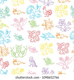 Hand-drawing colorful pattern with plants and animals