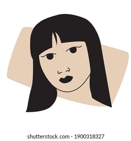 Hand-drawing contour portrait of an Asian woman with skin-colored swatch color. Diversity, nationality, culture, different skin tones and people.
