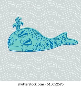 Hand-drawing doodle whale in abstract waves. Vector illustration.