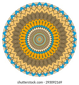 hand-drawing ethnic ornamental round abstract background with many details for use in design of silk neckerchief or printing on textile or use for card, invitation or banner cover. 