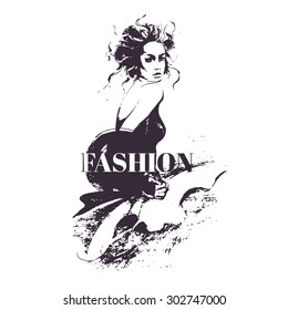 Hand-drawing fashion model.  Vector texture. Fashion illustration. Pencil drawn - rough, artistic edges.