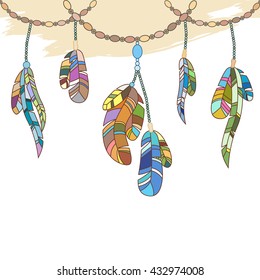 Hand-drawing feathers and chaplets, seamless border in ethnic, aztec, bohemian style.Vector.