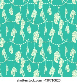 Hand-drawing feathers and chaplets, seamless pattern in ethnic, aztec, bohemian style.Vector.