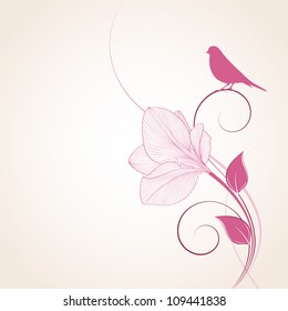 Hand-drawing floral background with flower amaryllis and bird. Element for design. Vector illustration.