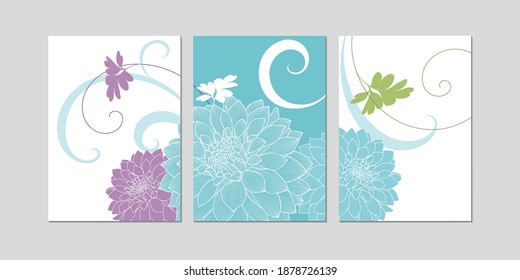 Hand-drawing floral background with flower dahlias. Stylish greeting card. Vector illustration. Element for design, creativity, scrapbooking.