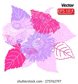 Hand-drawing floral composition, concept,  background with flower gerbera daisy, bouquet of pink, violet flowers, sketch.  Element for design. Vector illustration.